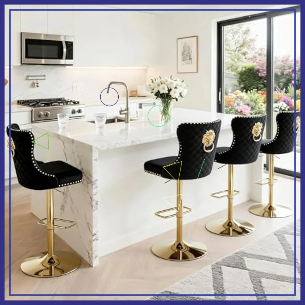 Juego de 4 taburetes de bar giratorios ajustables de terciopelo moderno, sillas de mostrador capitoné con anillo de tracción de león para cocina, isla, comedor, color negro