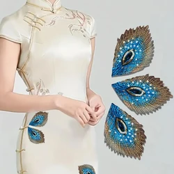 10Pcs Blue Green Peacock Feathers Phoenix Sequines Mesh Embroidered Sew On Patches Badges Repair