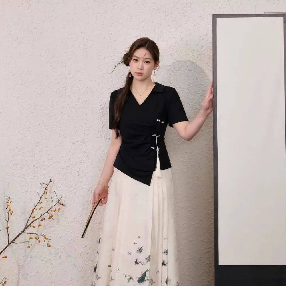 شرابة قلادة غير النظامية تي شيرت برقبة على شكل v التلبيب زهرة زر المرأة سليم المحاصيل القمم الإناث الصيف بلايز الشارع الشهير