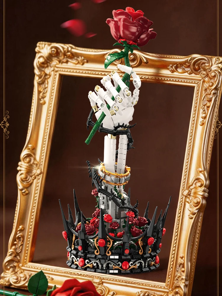 Idea Gothic Baustein Rote Rose Spielzeug Skelett Dunkle Blumenkrone Handgefertigter Baustein Schreibtischdekoration Sammlerstück für Geschenke – Detail 1