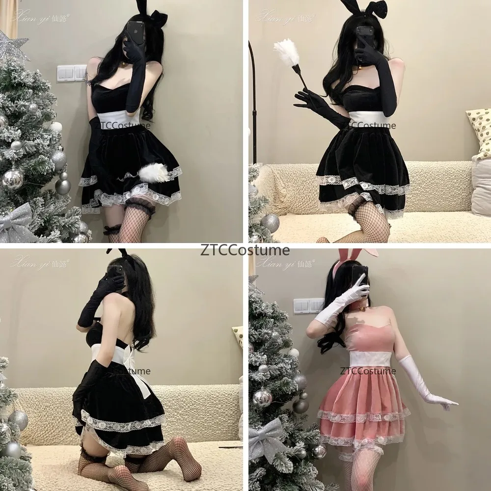 

Sexy Black Santa Cosplay Costume Velvet Dress Bunny Maid Lolita Kawaii Uniform Christmas Party Lingerie Outfit