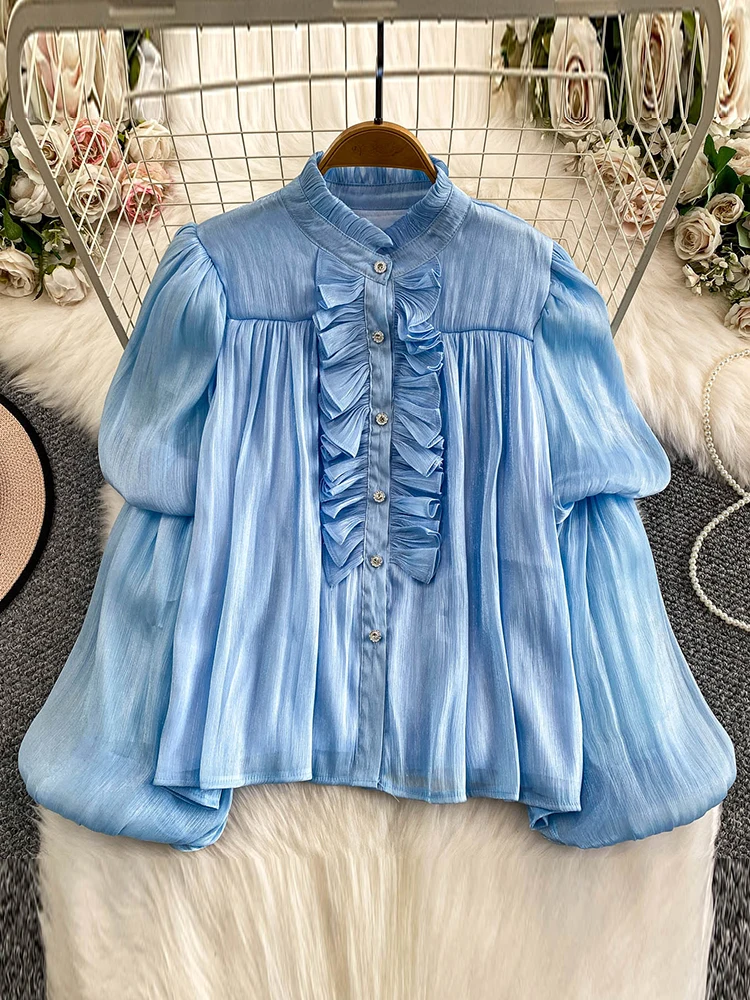 

Women Autumn Winter Shirt French Ruffle Stand Collar Lantern Sleeve High-end Flowing Mesh Shirt Blouse Female Top BL311