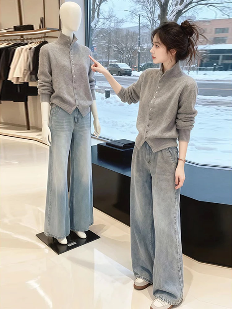 

Корейский простой вязаный кардиган на одной пуговице для женщин, весна-осень, новый, мягкий, с высоким воротом, свитер-жакет