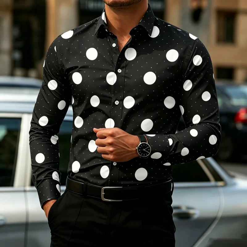 Men'S Fashion - เสื้อเชิ้ตแขนยาวลายจุดสำหรับผู้ชาย, เสื้อเชิ้ตทรงเข้ารูปลำลอง, เสื้อแฟชั่นลำลองสำหรับผู้ชายที่ทันสมัยสำหรับกิจกรรมกลางแจ้ง