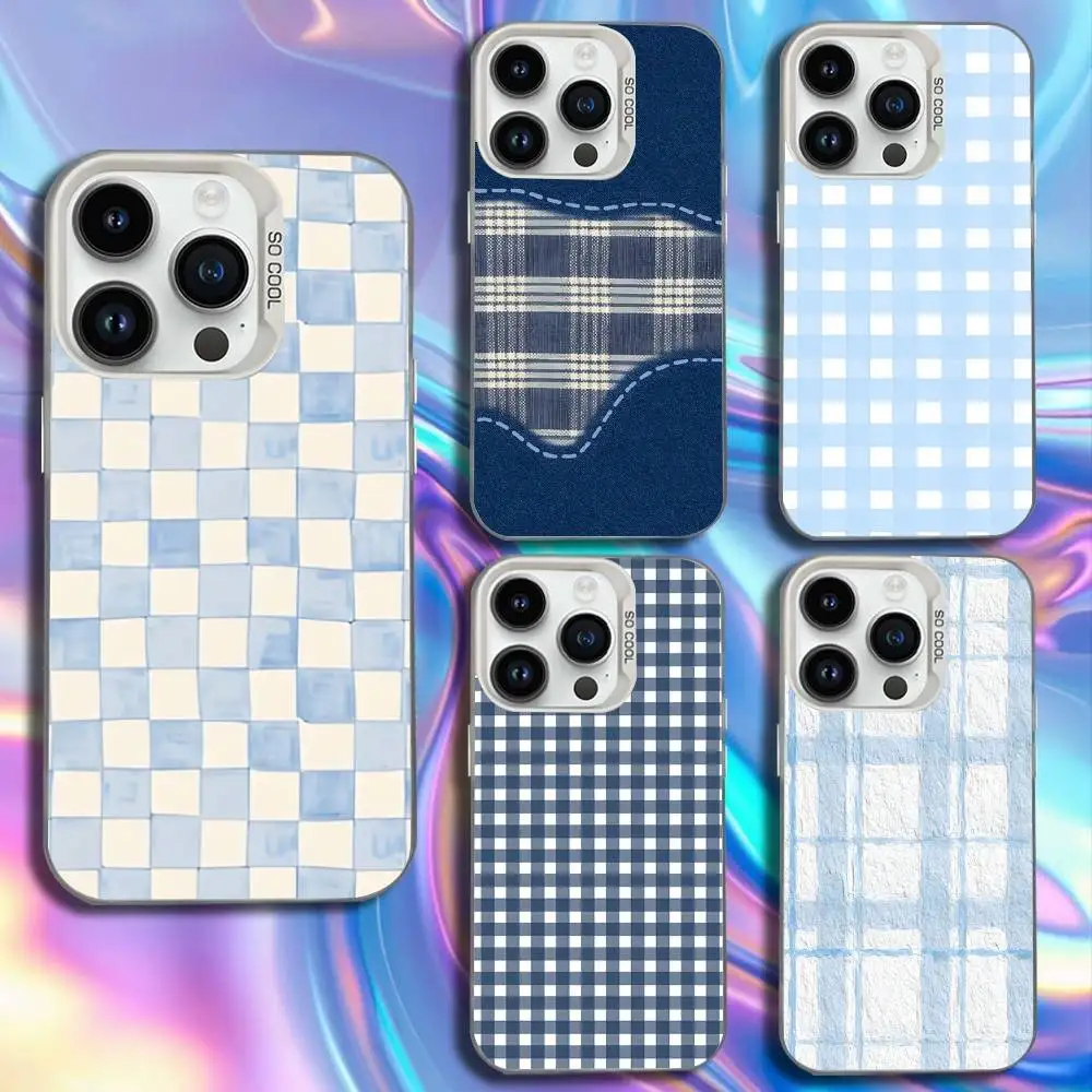 

Ins Korean Blue Striped Grid Phone Case For iPhone 17,16,15,14,13,12,11,Mini,Pro,SE,MAX White Matte Shockproof Cover