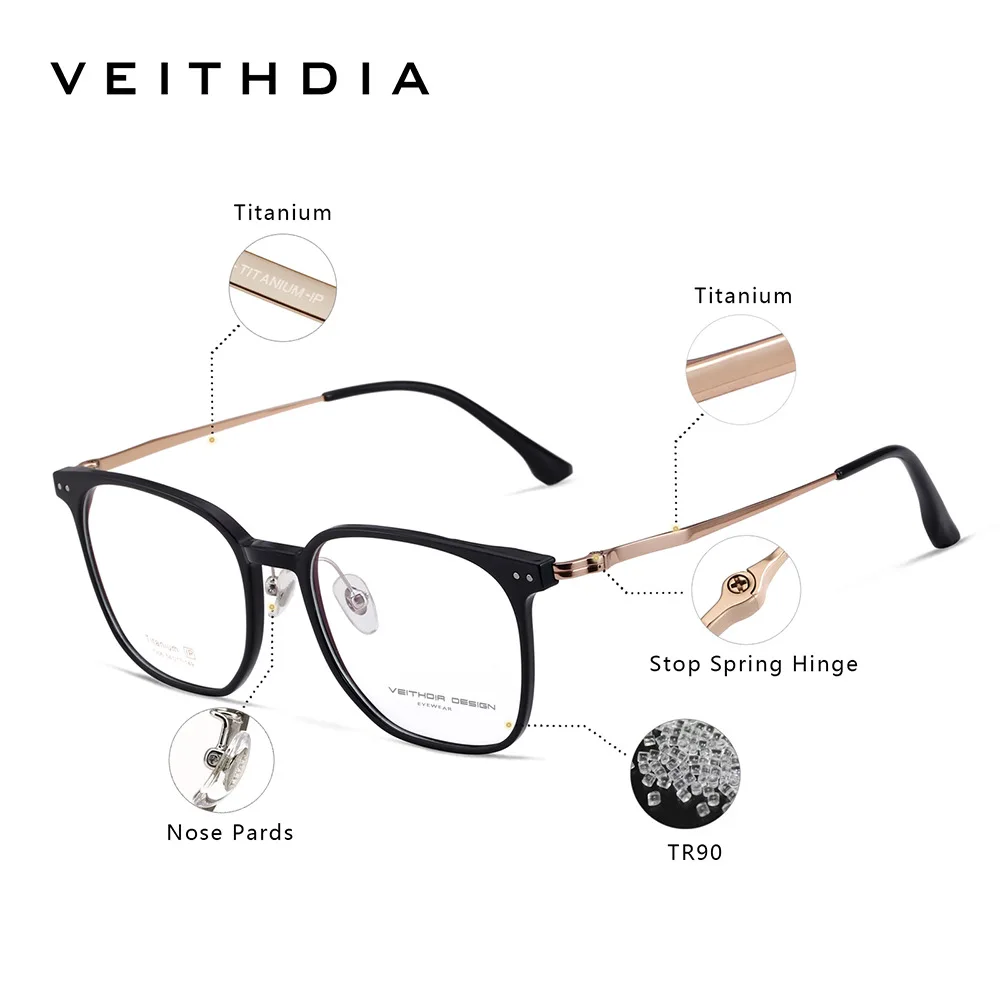

VEITHDIA Vintage Titanium Frames Retro Optical Myopia Glasses, Unisex Style, Customizable Prescription Lenses for Payment VX7306