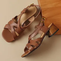 Shoes woman summer 2023 plus size 34-42 women's cow leather narrow band cross strap hollow-out 4cm thick low heel casual shoes