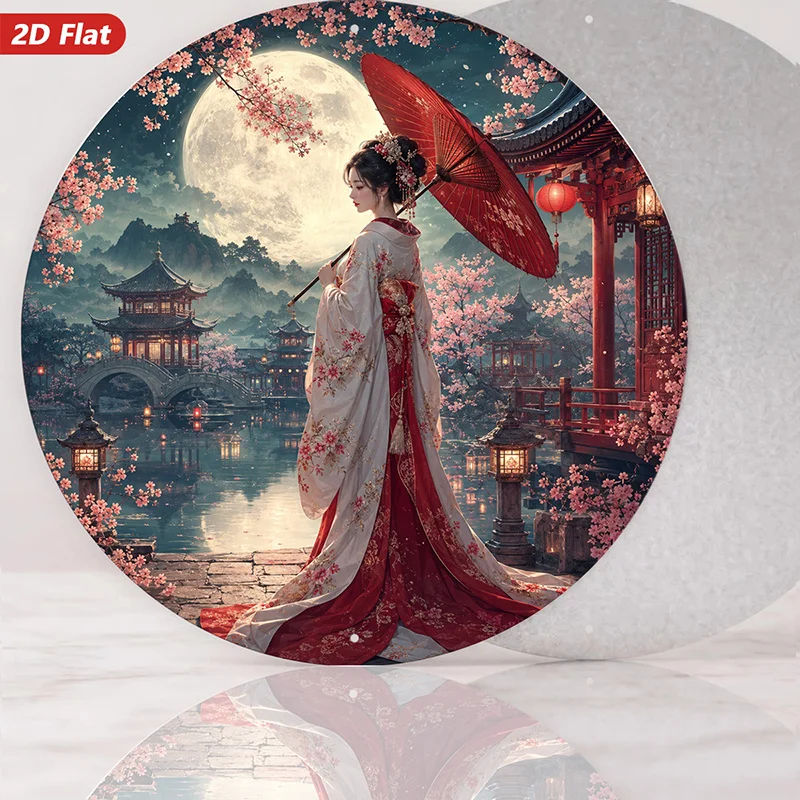 2D Flat, 1pc Round Metal Sign Wall Art, Japanese-Style Geisha Home Decor, Cherry Blossoms, Moonlit Landscape, Traditional Archit