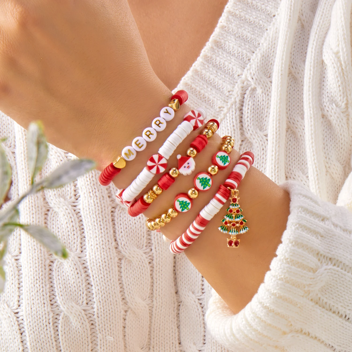 Weihnachten weiche Ton Schneeflocke Weihnachtsmann Weihnachtsbaum Armband Set für Frauen mehrschichtige Buchstaben Perlen Armbänder Party Urlaub Geschenk