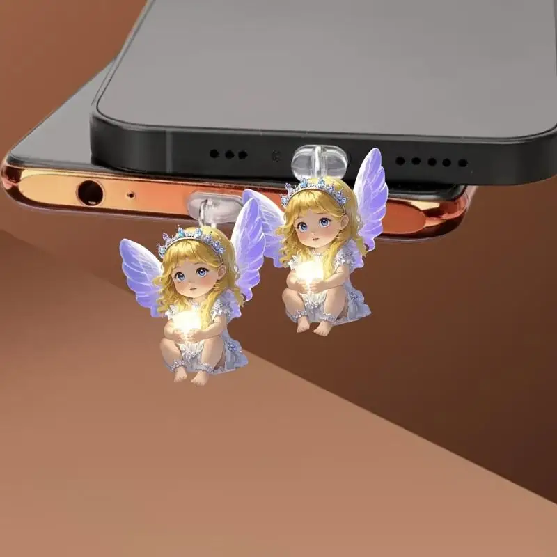 

2PCS DIY Accessories For Phone Type-C Interface Dust Plug Hanging Decoration 2D Flat Acrylic Angel Fairy Cat Phone Dust Plug