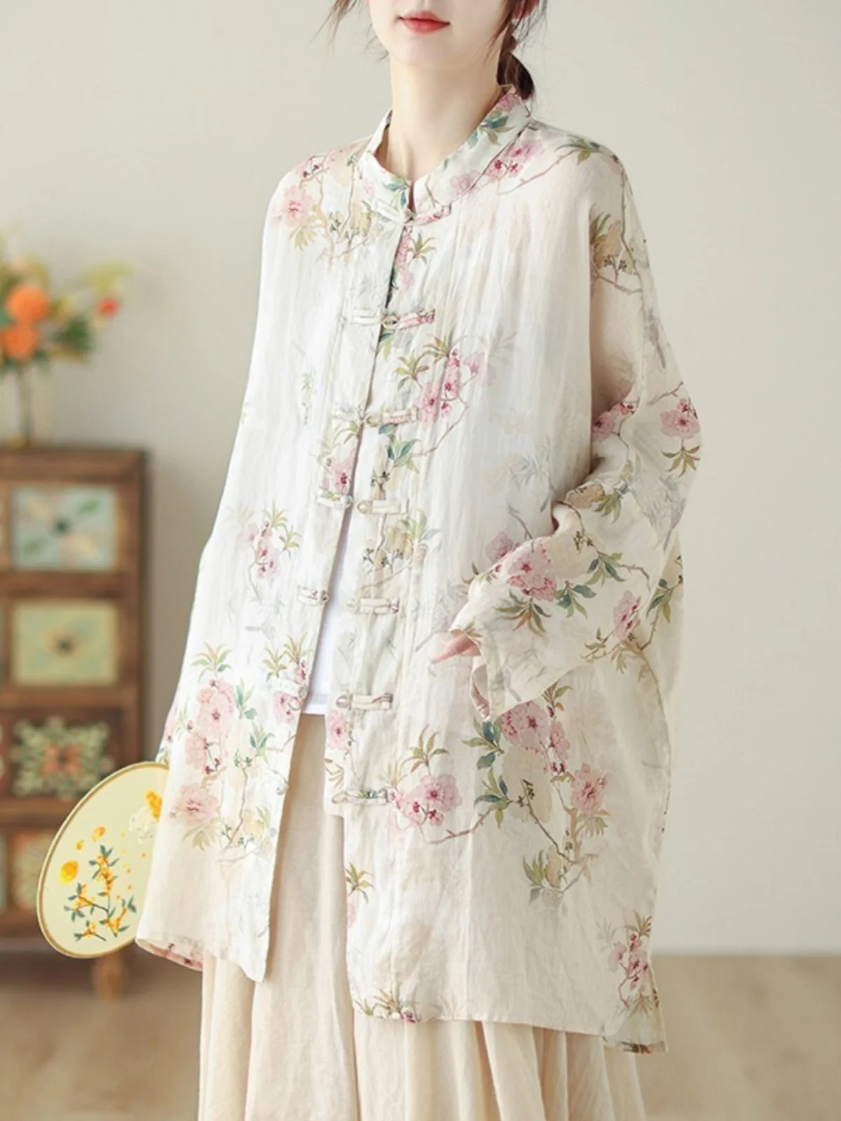 

New Chinese Sle Floral Print Button up irt Women's Spring Summer Long Sve Stand Collar Sun Protection Vintage ZenInspi...