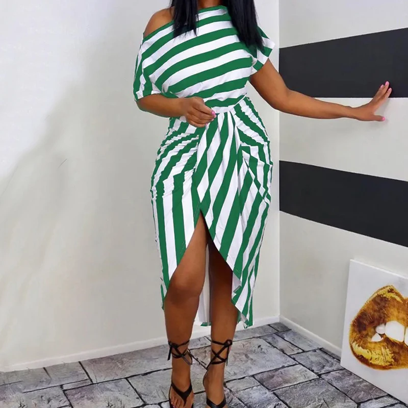 Casual Retro Waistband Woman's Dress Striped Printed Short Sleeve Dress Summer Elegant Sexy Irregular Oblique Collar Wrap Dress image 4