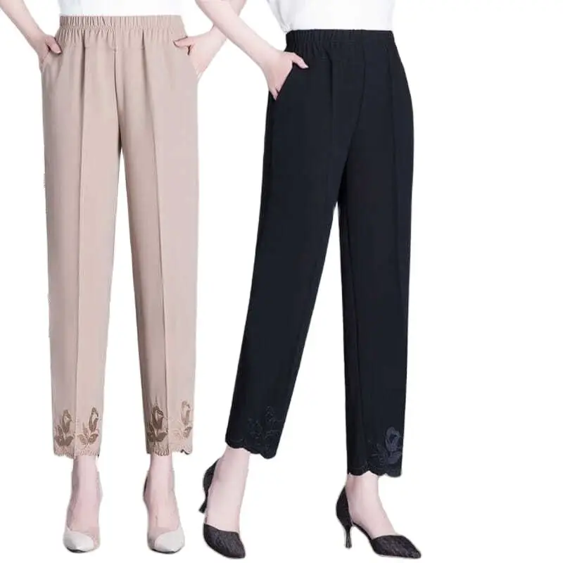 Pantalon d'été en mousseline de soie pour femmes, nouvelle mode, broderie élastique, taille haute, droit, décontracté, 9ème, 5XL, 6XL