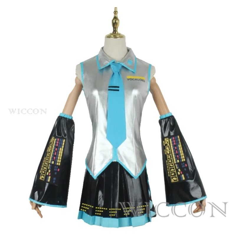 Miku Cosplay Costume Conjunto Completo, Prata Cinza Patente Tecido Terno, Sapatos Headwear, JK Uniform Outfit