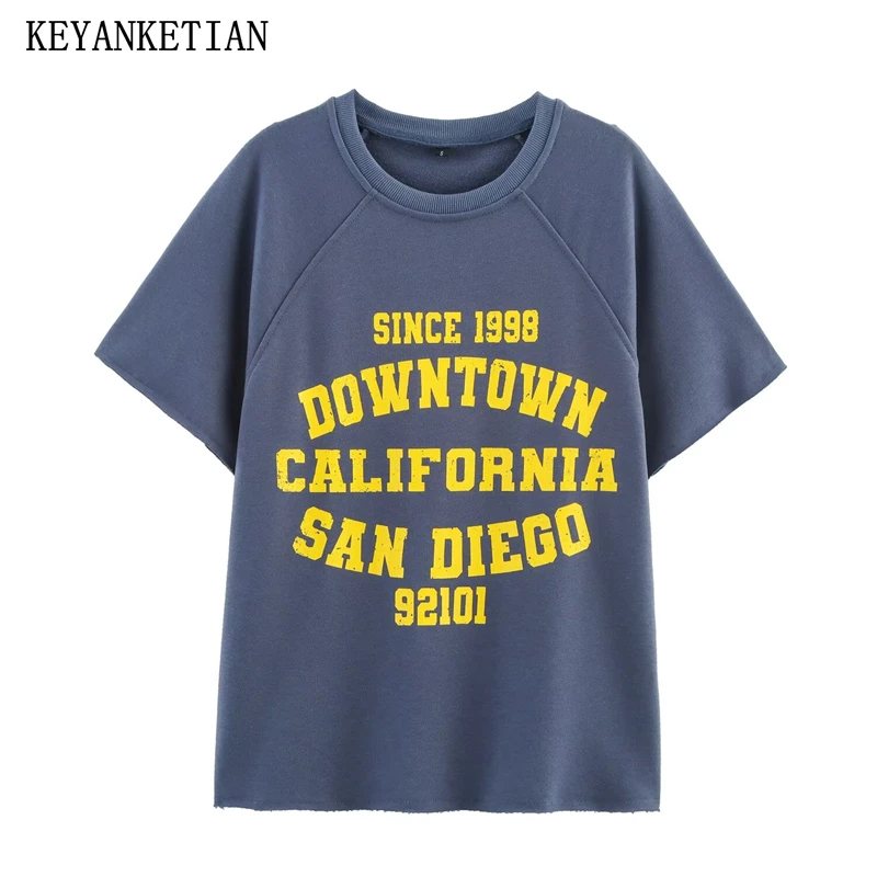 

KEYANKETIAN 2025 Summer New Women's Velvet Texture Letter Print T Shirt Street style O-Neck Short Sleeve Frayed Trim Pullover