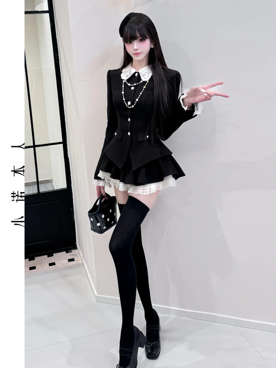

Color Blo Suit Jaet Slimming A-Line Skirt Set ort Sve Long Sve Polyester Fabric Polyurethane Leather Collar Butto...