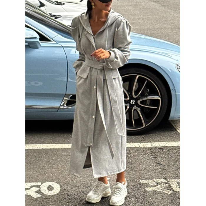Fashionable Chic Long Dress Women's Korean Style Casual Elegant Hoodie Jacket Coat Button Closure Standard Fit Long Dress