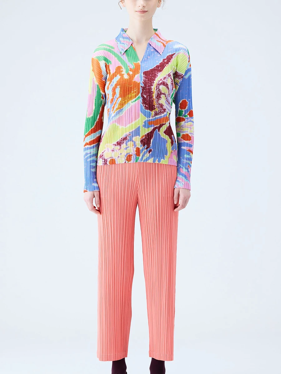 Miyake Pleated Printed Long Sleeve Polo Shirt