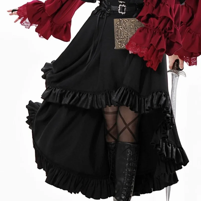 Y2k Long Skirts Ruffles Solid Irregular Japanese Style Women's Skirts Vintage Fashion High Waist Elegant Faldas Mujer