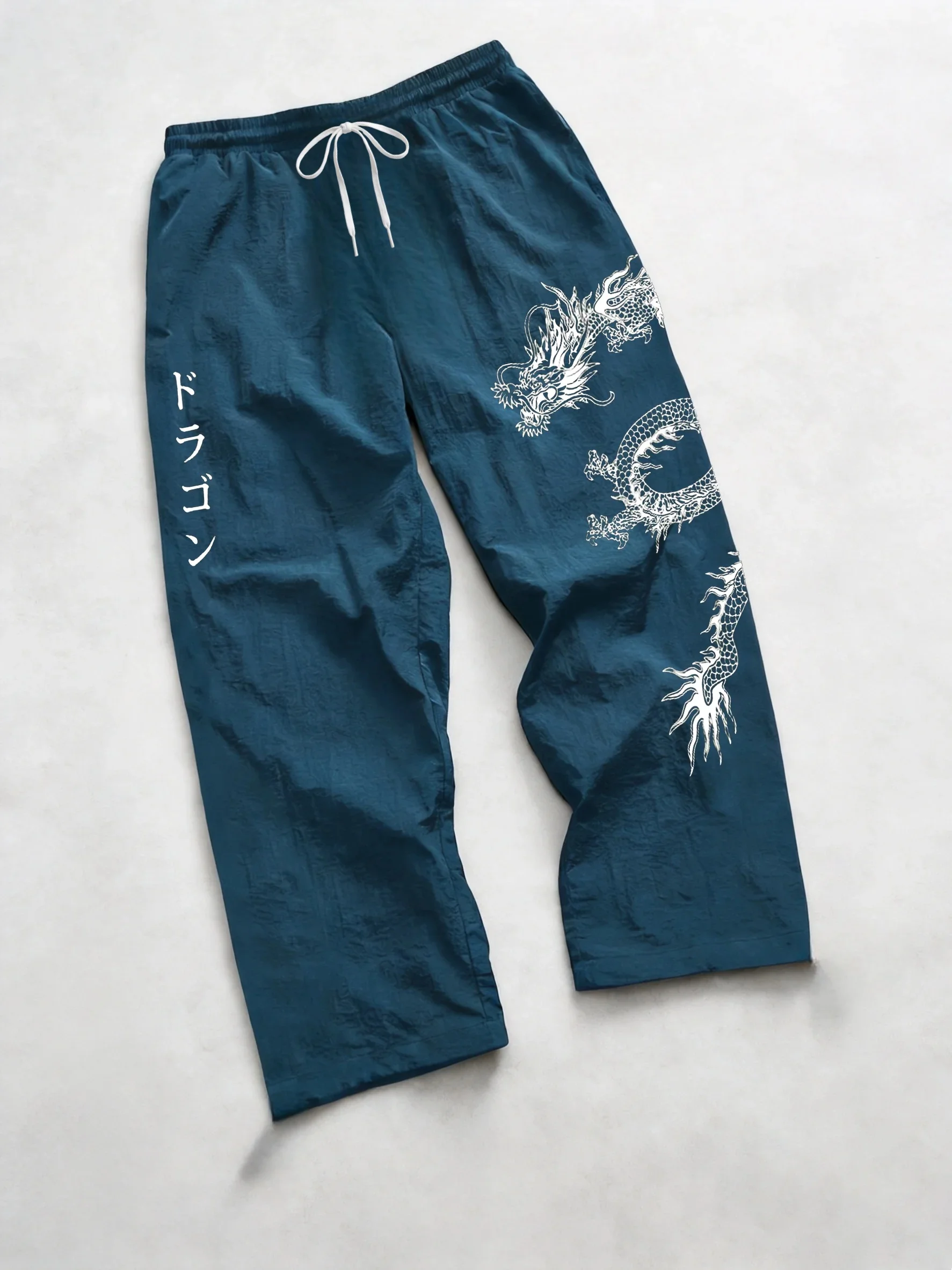 2026 Herren Frühling Sommer Drachen-Print Baggy Nylon-Hosen, Streetwear Jogger für Fitness & Alltag, Schwarz & Blau – Detail 7