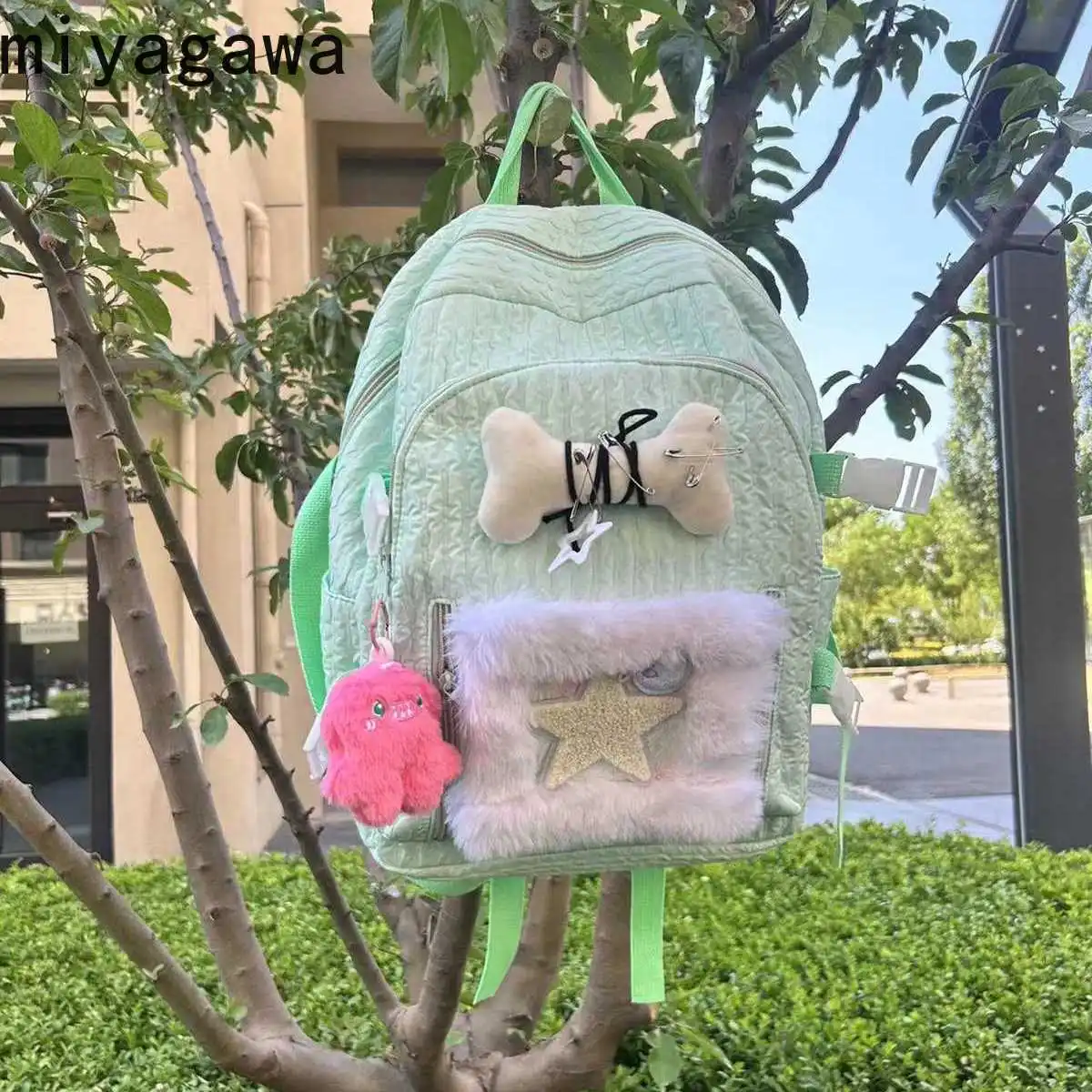 Miyagawa New Mint Green Girl Handmade Millennium Y2K Star Kawaii Backpack Japanese Sweet Girl Large Capacity Schoolbag