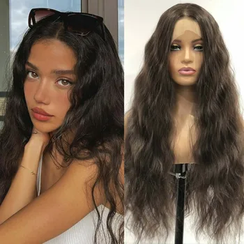 Dunkelbraune Perücke, natürliches gewelltes Kunsthaar, 13 x 4 Lace-Front-Perücke, brünette farbige tiefe Welle, langes lockiges Haar, Frontal-Perücken für Frauen