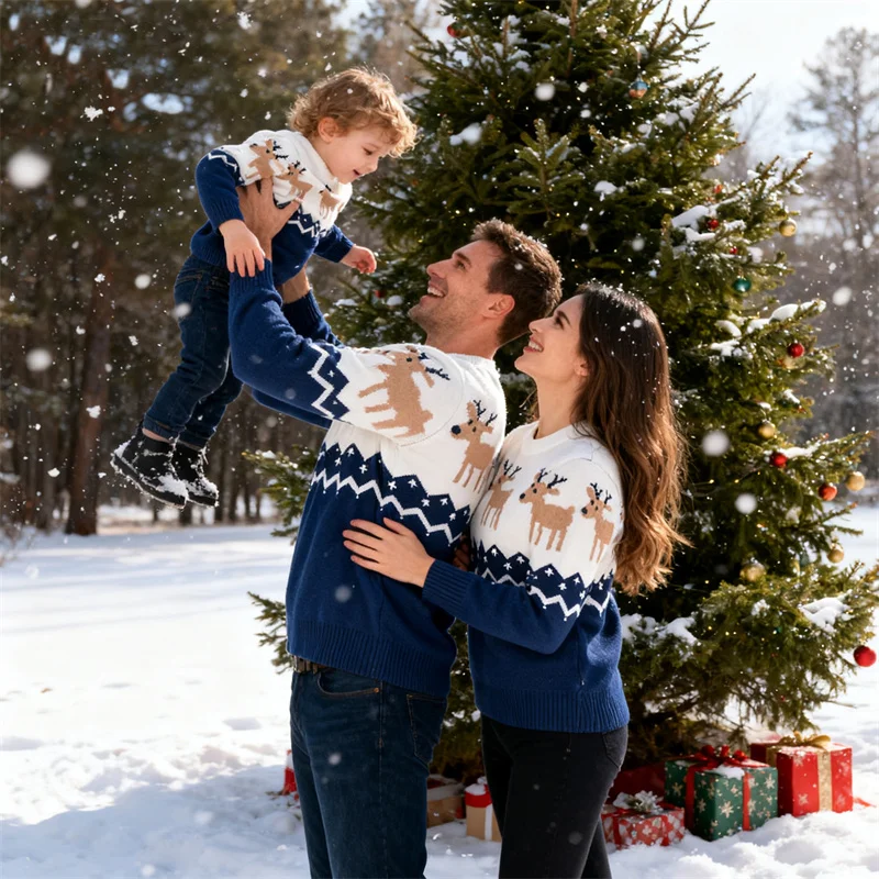 جديد الأسرة مطابقة وتتسابق الخريف أمي ابنة الكرتون البلوزات الشتاء أبي ابن طويلة الأكمام الدافئة البلوز الاطفال Xms تريكو #5