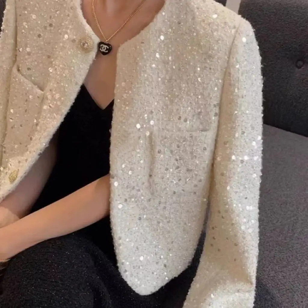 Chic Sequins Sweet Tweed Jacket Women Fall Elegant Long Sleeve Slim Coat Korean Fashion O Neck Design Female All Match New Tops