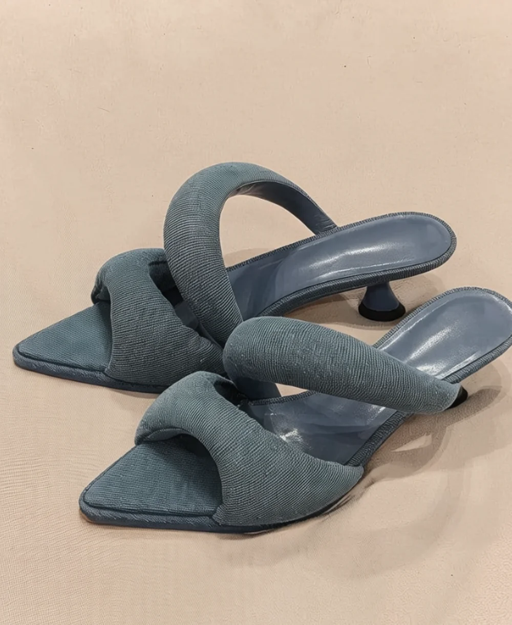 Summer Dusty Blue Pointed-Toe Sandals Open Toe Low Heels Design Oversized Single Strap Footwear for Casual Daily Wear