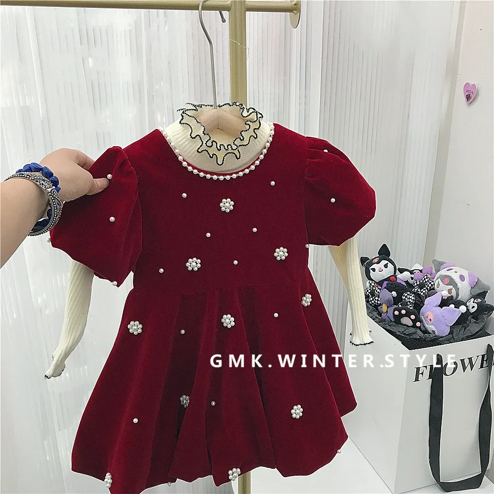 

Pearl Warm Fleece 2023 Autumn Winter New Children Party Dress Girls Christmas Short Sleeve Toddler Princess Kids Wear for 1-10Y