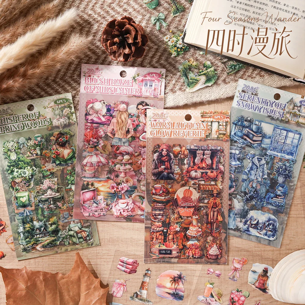 6sheets PET Decoractive Material Sticker Pre-Cut Journaling Sticker Scrapbook Kit Junk Journal Supplies Aesthetic Stickers