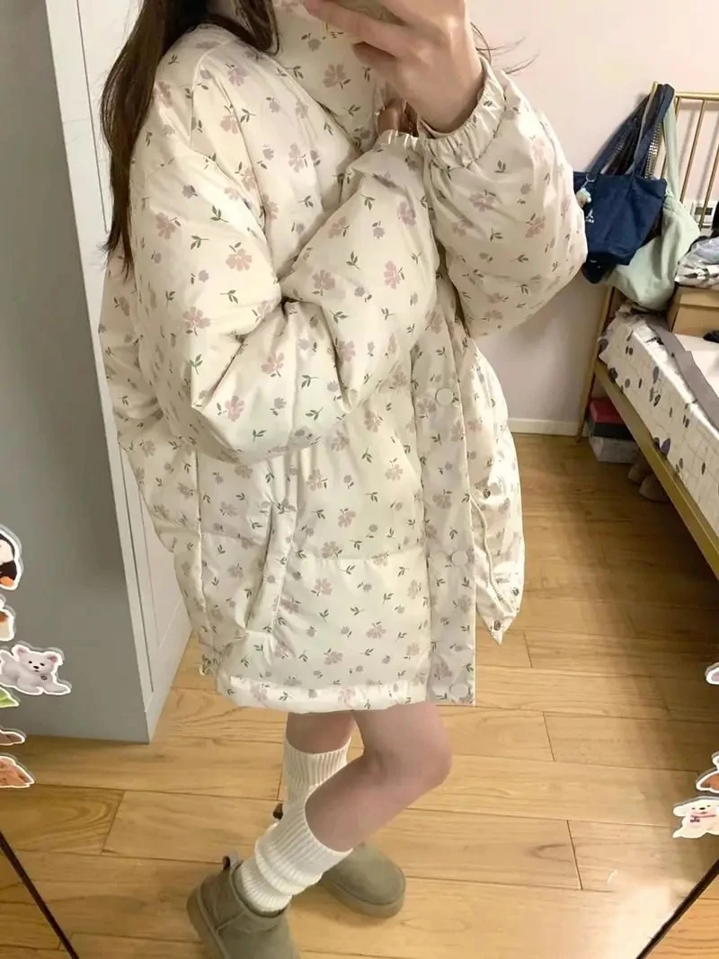 冬コート韓国ファッションパーカー甘い花柄プリントスタンドカラー暖かいジャケット女性ルーズパン服