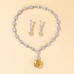 Europe America Fashion High-end Jewelry Women Lady Inlay White Yellow Square Zircon Tassels Necklace 925 Silver Needle Earrings