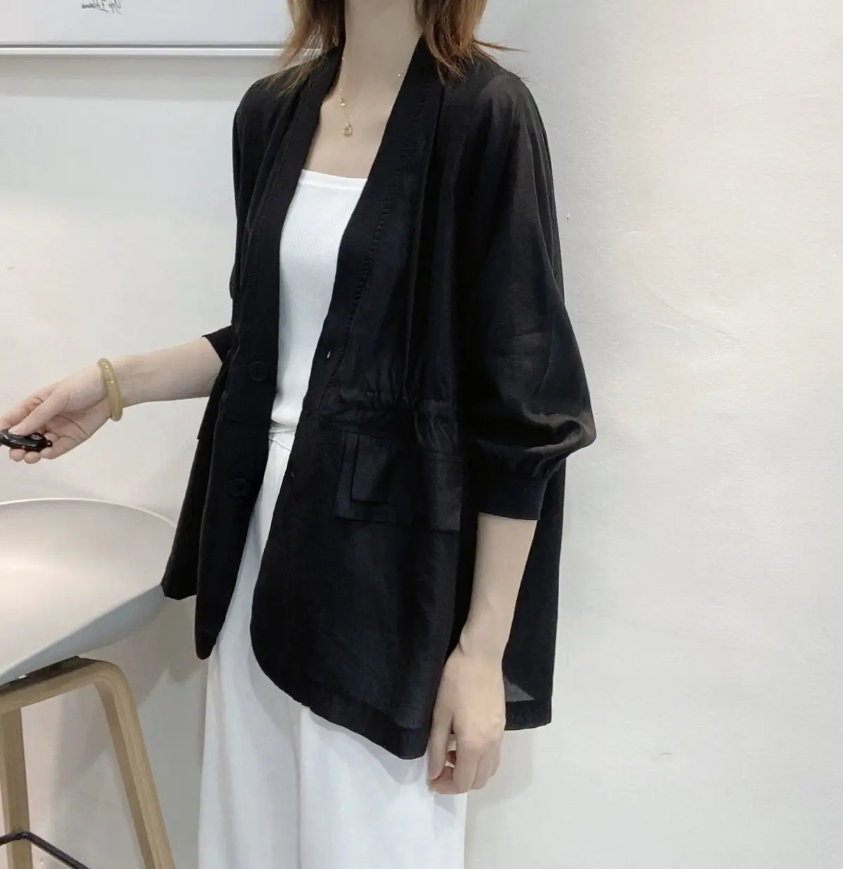 Adjustable Waist Feature V-neck Pockets Button Coats Spring Summer Thin Loose Three Quarter Sleeve Women\'s Clothing 2023 Solid