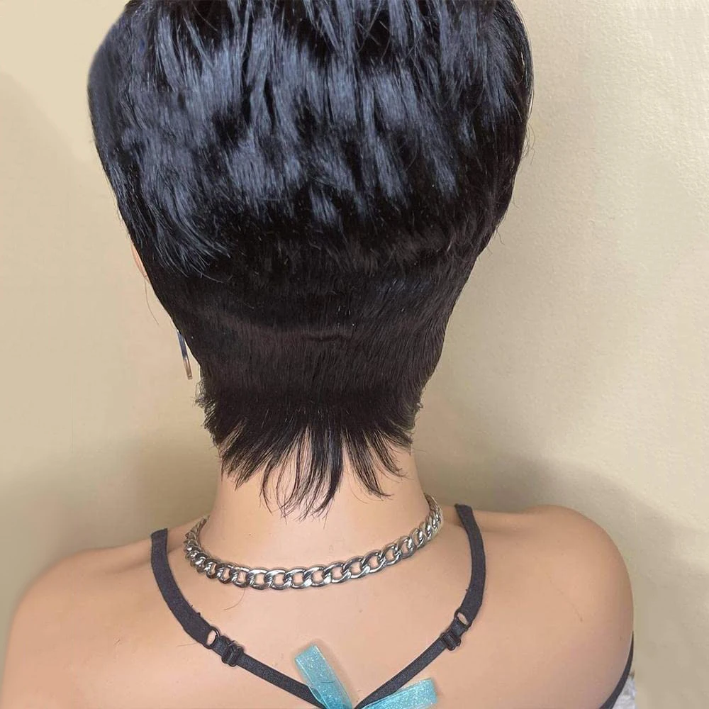 Short Pixie Cut Wig Remy Human Hair For Black Women Cute Wig Straight Natural black Color Full Machine Made Bob Wig With Bangs