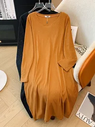 150Kg Plus Size Women's Bust 143 Spring Autum Loose Round Neck Mid Length Slit Dress Black Brown 5XL 6XL 7XL 8XL 9xl