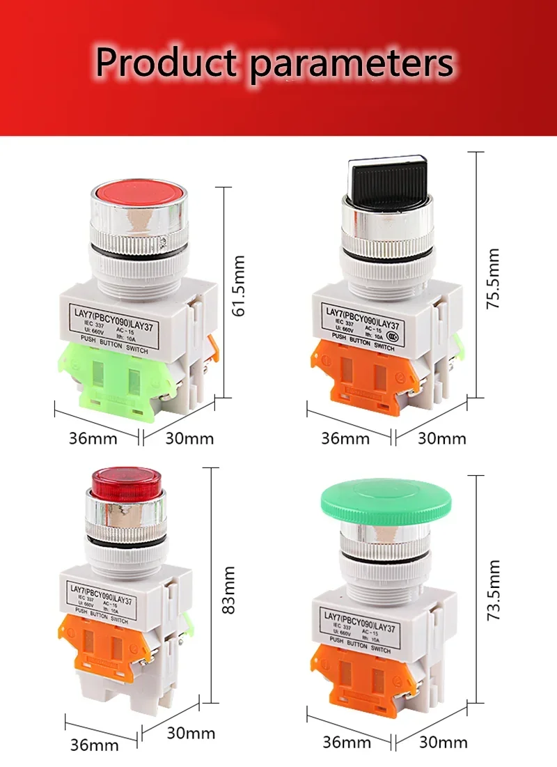 22mm LAY37 Y090 Mushroom Head Emergency Stop RotationReset  Self Lock Push Button Switches  Red  Blue Green  1NO 1NC 10A250VAC