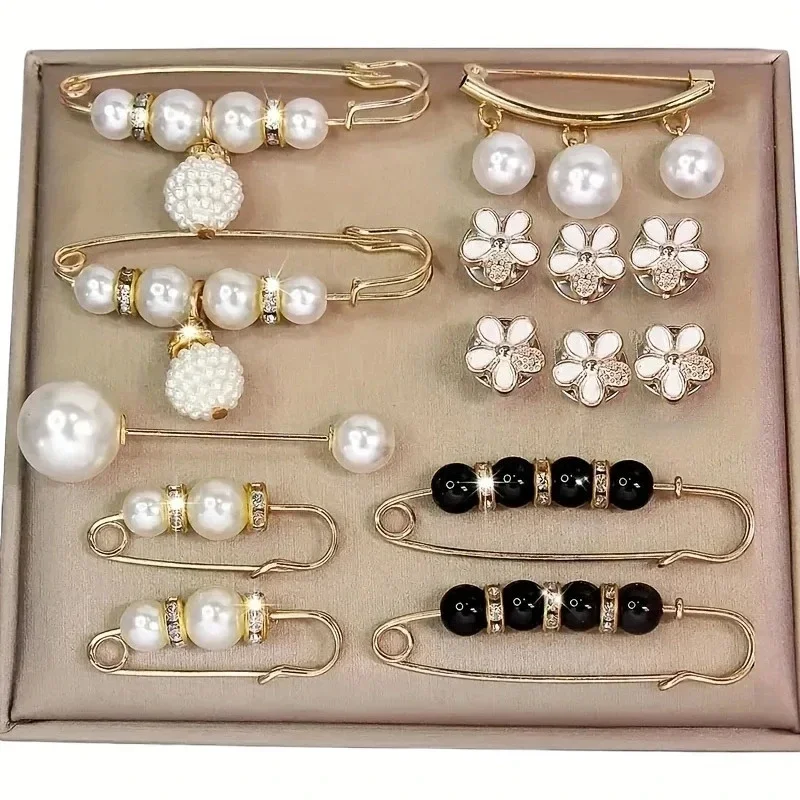 14-teiliges elegantes Broschen-Set mit Kunstperlen, aus Legierung und Kunststoff, unregelmäßige Form, geeignet für Kleider, Hüte, Schals usw. – Detail 1
