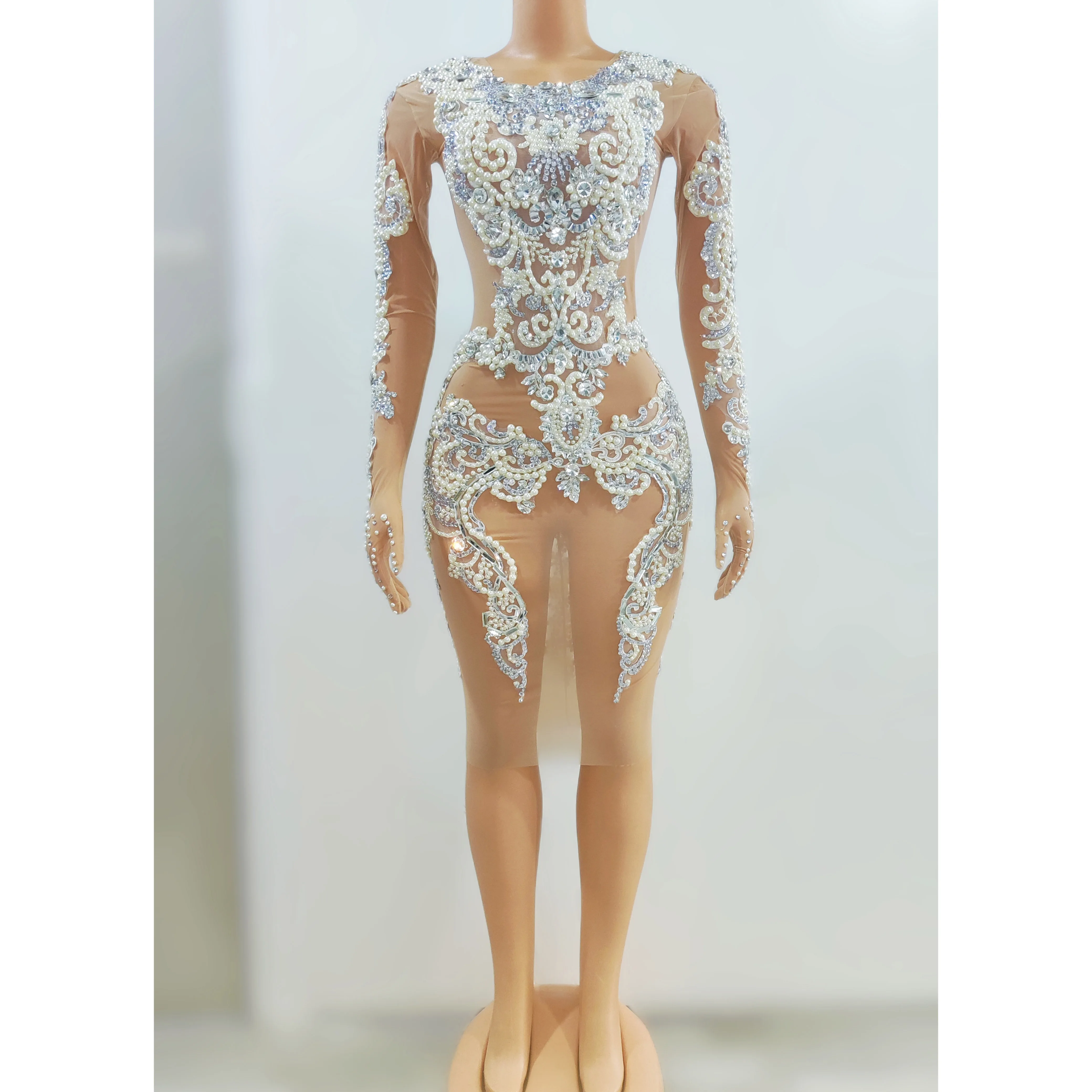 2025 เซ็กซี่ Rhinestones Slim Dress ชุดราตรีนักร้อง Performance Stage สวมใส่ลาก Queen เครื่องแต่งกายไข่มุกชุด yj010