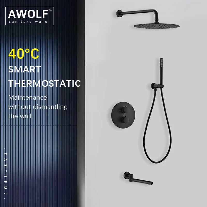 Awolf Thermostatic Shower System Black Solid Brass Round Design Bathroom Shower Faucet Set Wall Mounted Bath Mixer AH3061