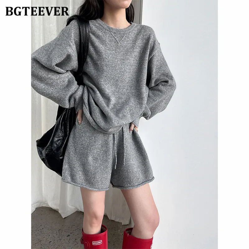 

BGTEEVER Autumn Winter Woolen Sweaters Set for Women O-neck Pullovers & Knitted Drawstring Shorts