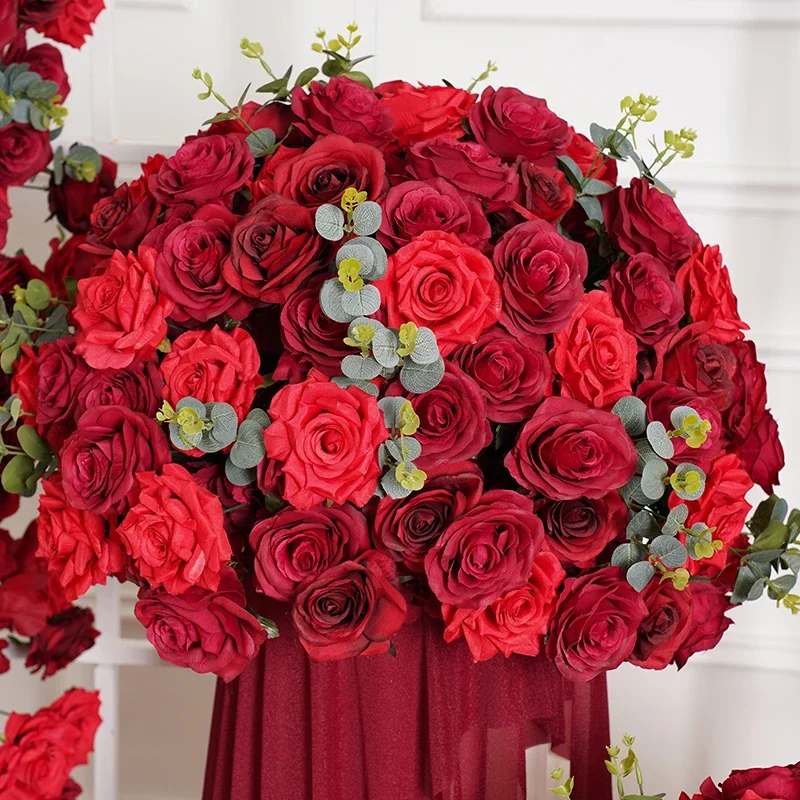 Wine Red Roses Artificial Flowers Wedding Background Arch Flower Arrangement Decorative Welcome Flowers Ball Table Centerpiece