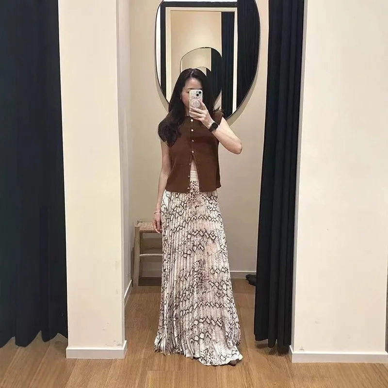 【هدية مجانية】تنورة متوسطة الطول بطيات عالية الخصر لخريف 2025 ذات ثنيات فرنسية عتيقة مطبوعة على شكل بيثون صحراوي للنساء #2