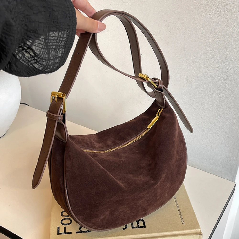 Vintage Suede Crossbody Bag Casual All-Match Large Capacity Soft Zipper Burgundy Packs Daily Working Commute One Shoulder Bags image 2