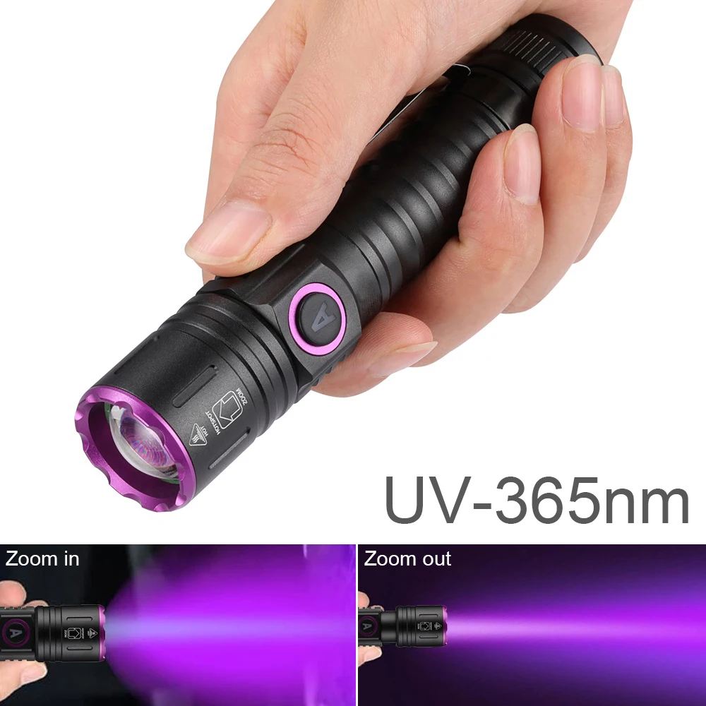 

SecurityIng 365nm UV Black Light Flashlight Zoomable USB Rechargeable Blacklight with Pocket Clip for Pet Dog Urine / Scorpions