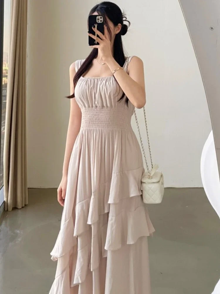 Korean Chic Chiffon Ruffled Dresses Summer Sleeveless Slim A-line Layer Dresses Ladies Casual Solid Midi Dress Vestidos