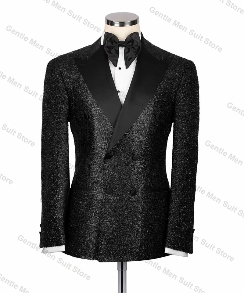 Smoking masculino de casamento para o noivo, jaqueta e calças personalizadas, conjunto de ternos para o noivo, glitter preto, blazer e calça dupla, baile e noivo, 2 PCs