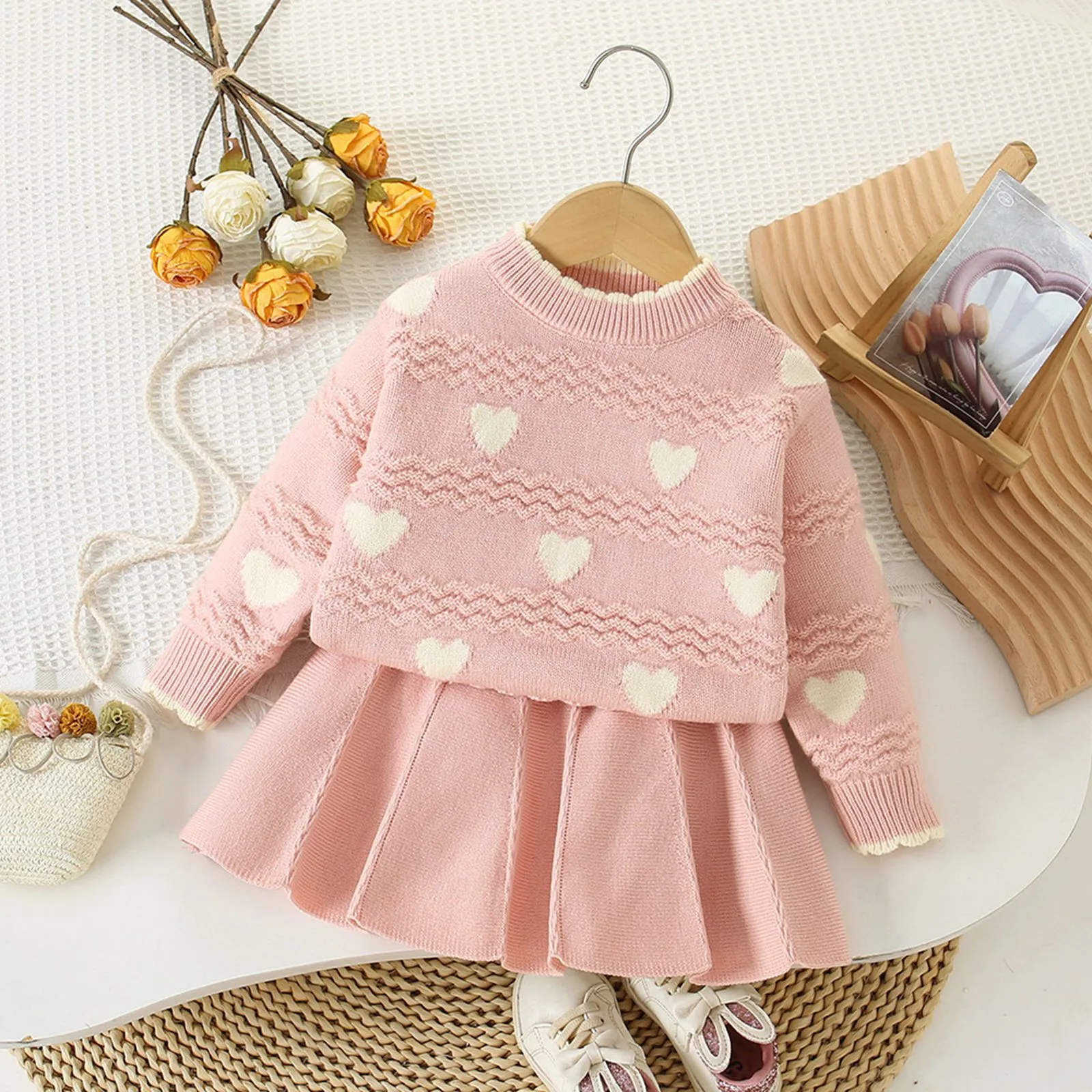 Girls' Two-piece Sweater Set Full of Love Wave Pattern Sweater+Knit Pleated Skirts Clothes Girls Sweater Red New Years Outfits