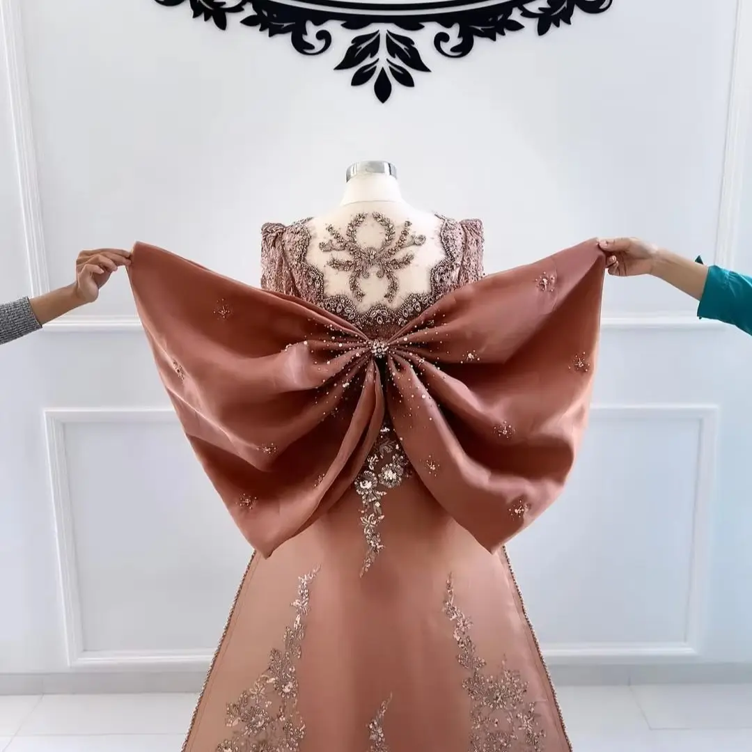 

FATAPAESE Customized Evening Gown Satin with Sparking Crystal Beaded Luxury Dresses O-neck Plus Bow on Back Long Tail Clothes