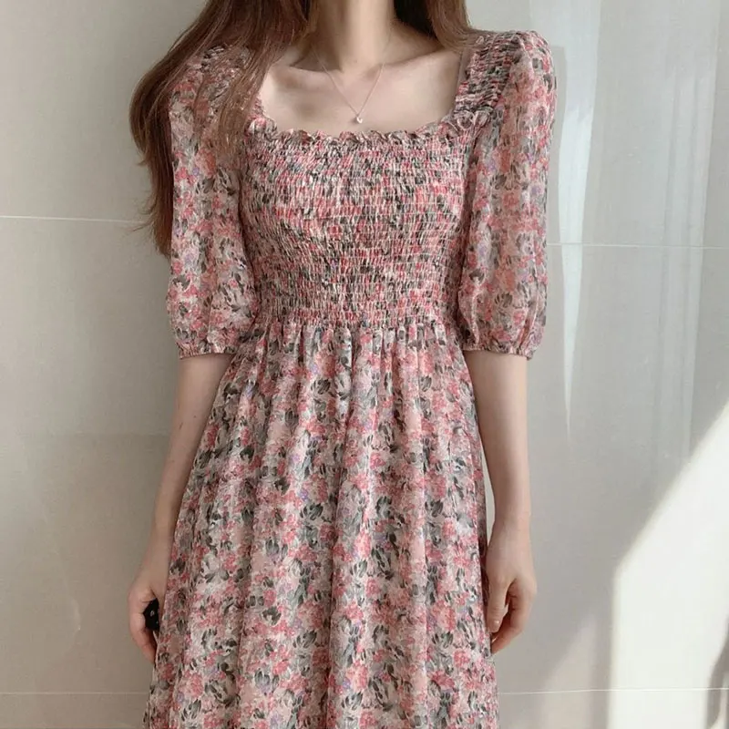 Women Square Collar Short Sleeve Floral Dress, Temperament Slim A-line Skirt, Summer Clothes, Monochromatic, Simplicity Fashion